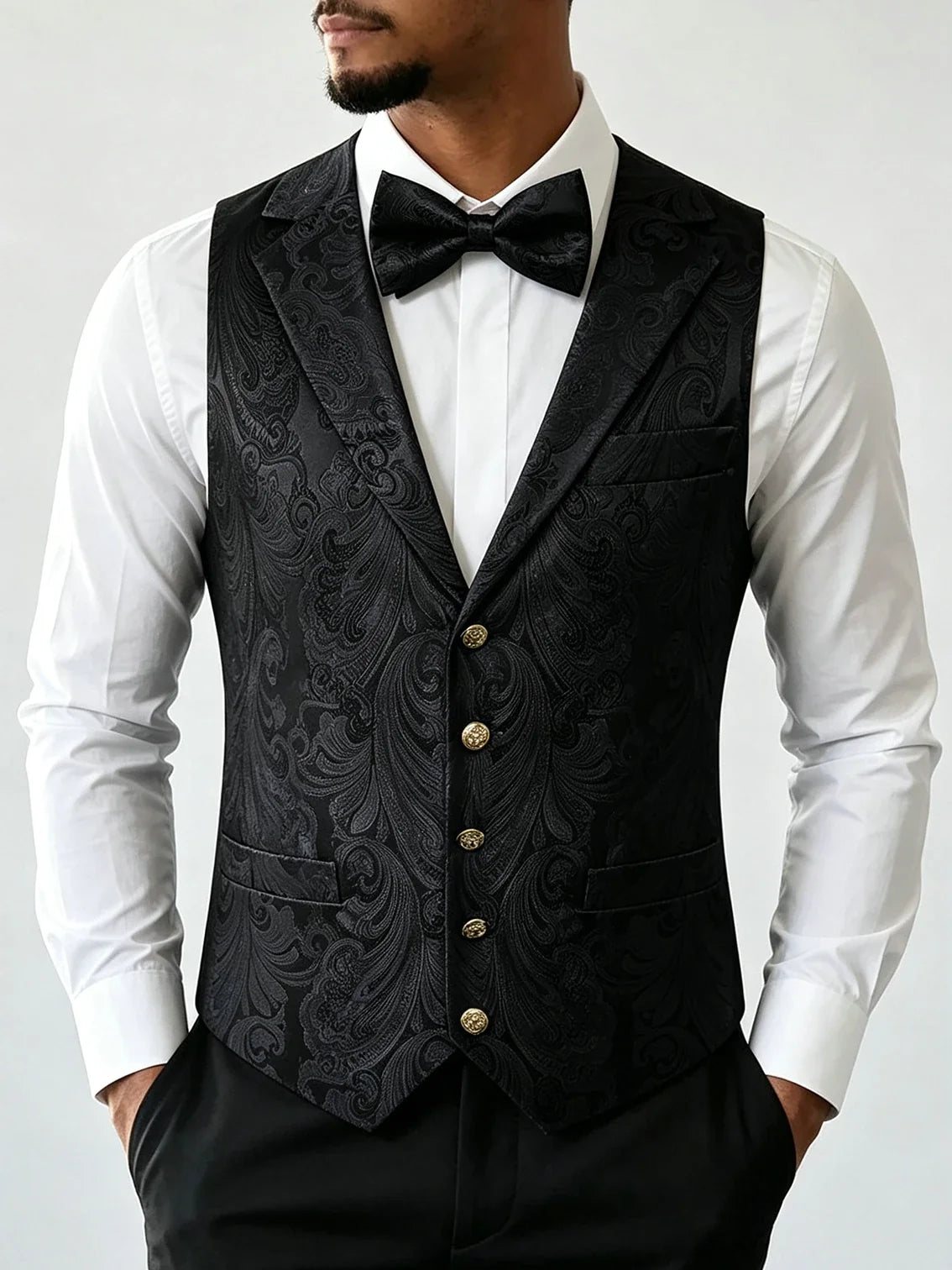 Men's Jacquard Floral Waistcoat Vest with Bowtie Set – Wedding & Formal