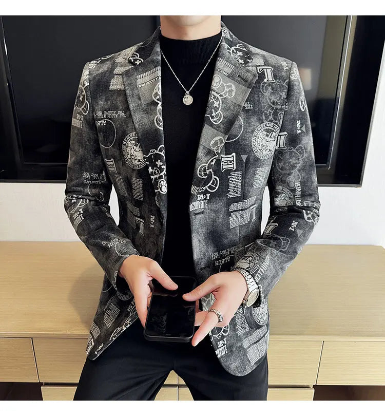 2024 Autumn Winter Jacquard Denim Suit Jacket for Men Fashion Business Casual Blazers Streetwear Social Men Clothing