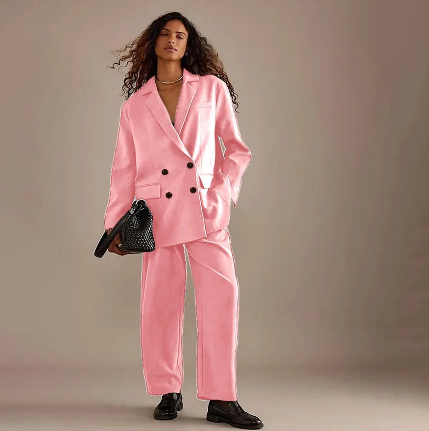 Leisure Brown Double Breasted Women Pants Set High-end Female Two Pieces(Jacket+Trousers)أطقم بناطيل