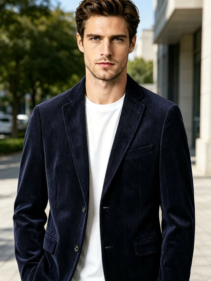 Navy Blue Corduroy Blazer for Men with Notch Lapel Single Breasted Dinner Jacket Elegant Slim Fit Smoking Suit Coat for Wedding