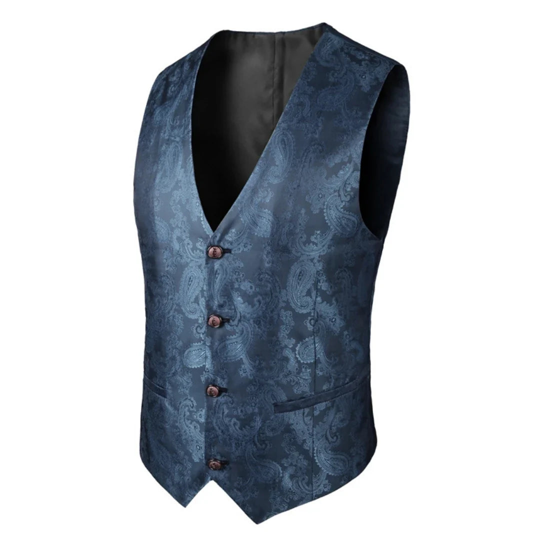 Men's Vest Blue Retro Jacquard Pattern Single Button V-Neck Waistcoat for Wedding & Formal Occasions