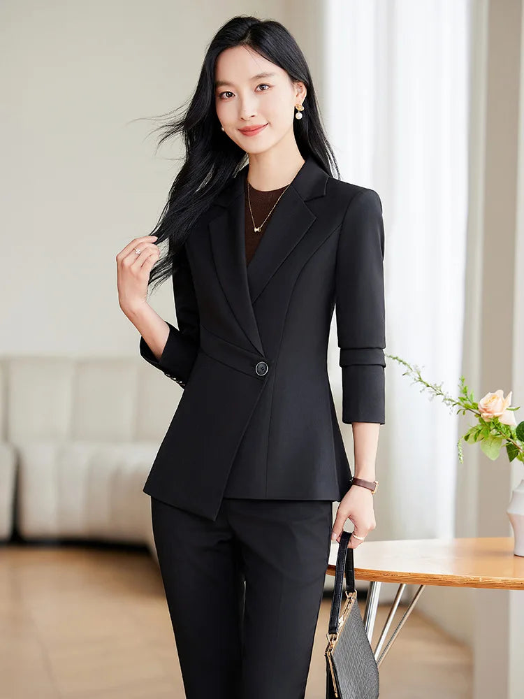 Elegant Green Apricot Black Ladies Pant Suit Women Female Business Work Wear Jacket and Trouser Blazer 2 Piece Set