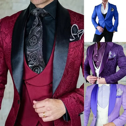 Men wedding Suits Pattern and Black Groom Tuxedos Shawl Satin Lapel Groomsmen Wedding Best Man ( Jacket+Pants+Vest)