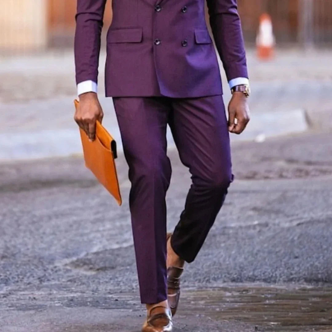 Men Suit Dark Purple 2 Piece Double Button With Lapel Solid For Wedding Birthday Banquet Party Business Work Office Jacket Pants