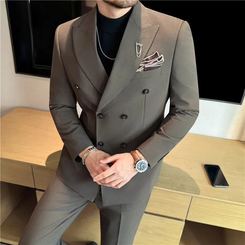 (Jacket + Pants) Fashion Double Breasted Design Slim Men's Suit Italian Style Luxury Wedding Social Party Tuxedo 2 Piece Sets