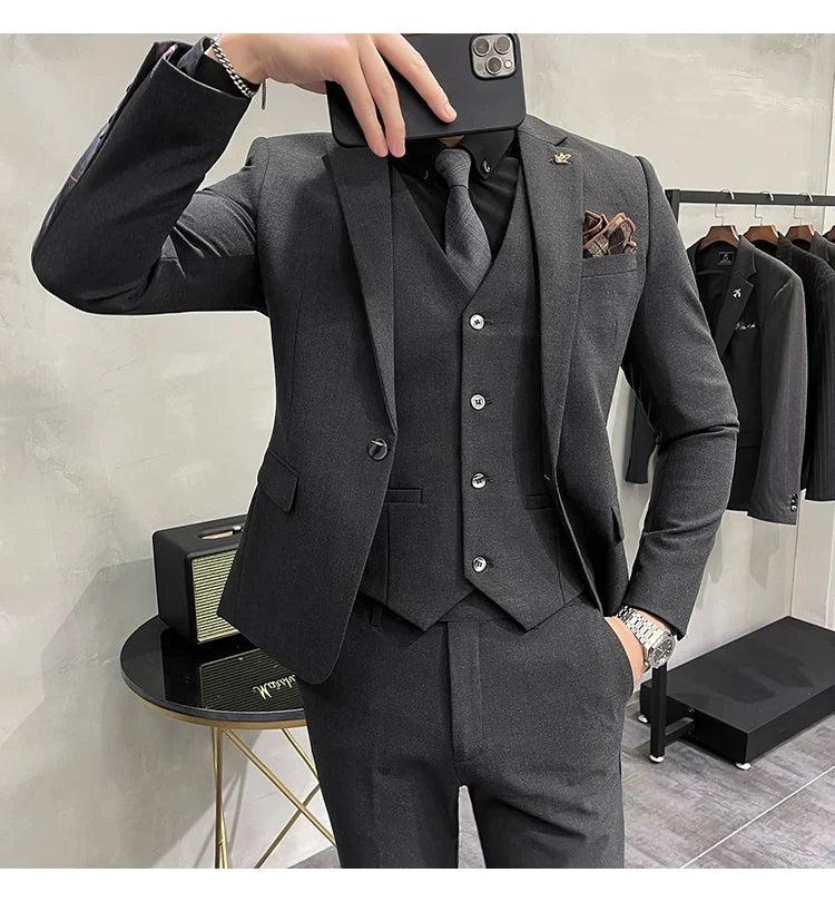 (Jacket +Vest+Pants) Plus Size 7XL-S Men Korean Slim Fit Groom Wedding Business Casual Tuxedo Mens Work Social Suit 3 Pieces