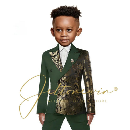 Black And Gold Floral Wedding Boys Suit Double Breasted Formal Kids Blazer Set Party Dress Child Tuxedo Jacket Pants 2 Piece Set