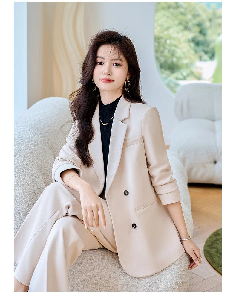 Autumn Winter 2024 New Apricot Coffee Black Elegant Double Breasted Blazer Top And Women High Waist Wide Leg Pant Two Piece Set