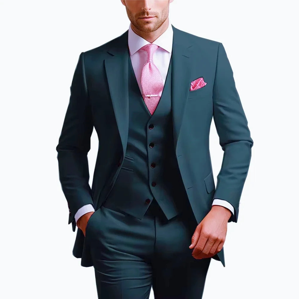 Formal 3 Piece Men Suits Slim Fit Notch Lapel Single Breasted Blazer Wedding Groom Tuxedo Business Suits Set (Jacket+Vest+Pants)