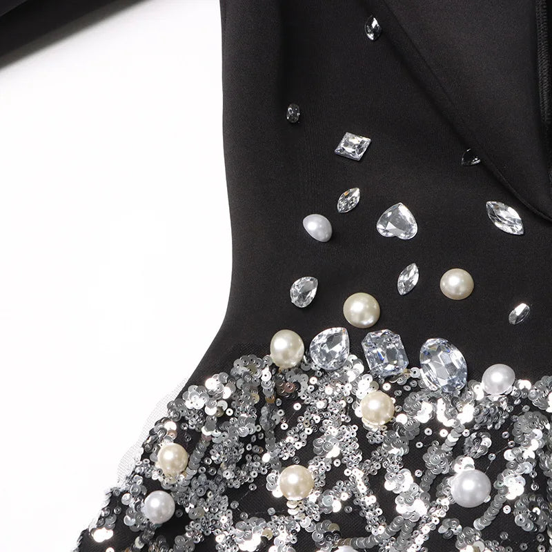 Sexy Socialite Style Blazer Dress 2025 Spring Autumn New Women's Turn-Down Collar Long Sleeve Sequin Diamond Jacket  HK8313