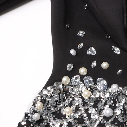 Sexy Socialite Style Blazer Dress 2025 Spring Autumn New Women's Turn-Down Collar Long Sleeve Sequin Diamond Jacket  HK8313