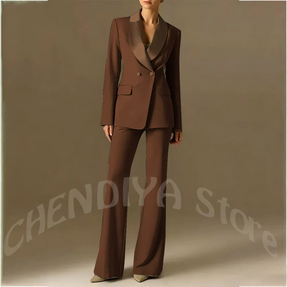 Classic Shawl Lapel Suit For Women Elegant Double Breasted Outfit Solid Color Two Piece Straight Modern Style Office Wear