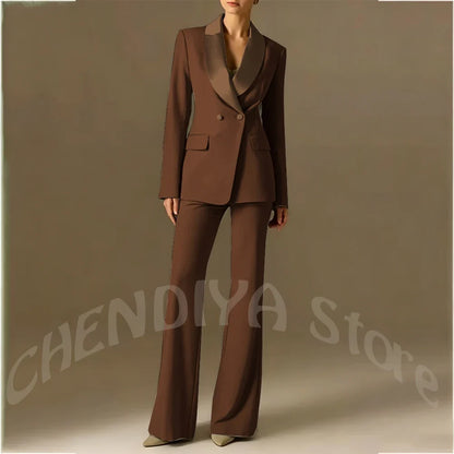 Classic Shawl Lapel Suit For Women Elegant Double Breasted Outfit Solid Color Two Piece Straight Modern Style Office Wear