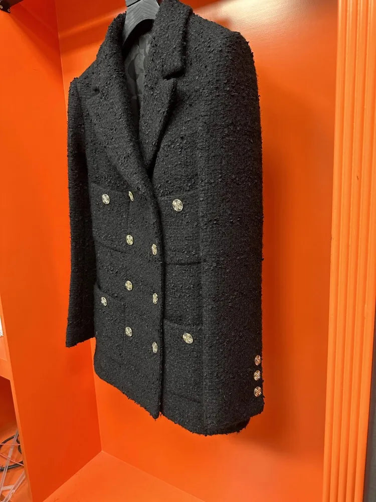 Double Breasted Office Ladies Elegant Black Tweed Jacket Mid Length Fashion Coat Spring Autumn Lapel Straight Women Suit Jacket