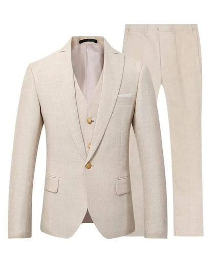 Blue/Beige Linen Men Suits Peak Lapel Slim Fit One Gold Button Blazer Vest Pants Groom Tuxedos Wedding Prom Dinner 3 Piece Set