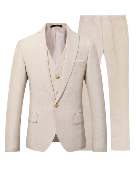 Costumes Homme Lin Bleu/Beige Revers Pointu Coupe Slim Un Bouton Doré Blazer Gilet Pantalon Tuxedos de Marié Mariage Bal Dîner Ensemble 3 Pièces