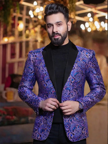 Blue Paisley Jacquard Mens Tuxedo Blazer, Black Satin Shawl Lapel Single Button Suit Jacket for Party Stage Banquet