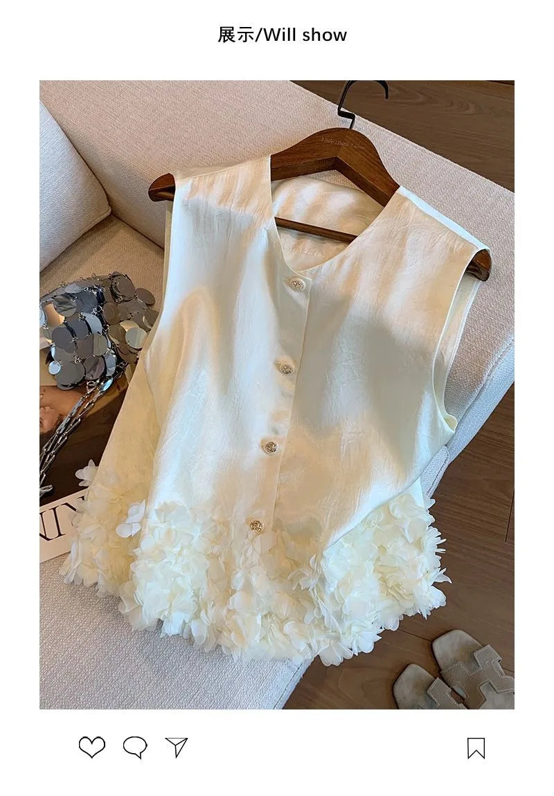 Women Vest Small Fragrance Jacket Satin Sleeveless Top Spring Summer New Fashion Temperament Petal Hem Waistcoat Female Vest
