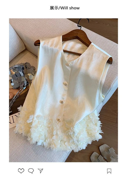 Women Vest Small Fragrance Jacket Satin Sleeveless Top Spring Summer New Fashion Temperament Petal Hem Waistcoat Female Vest