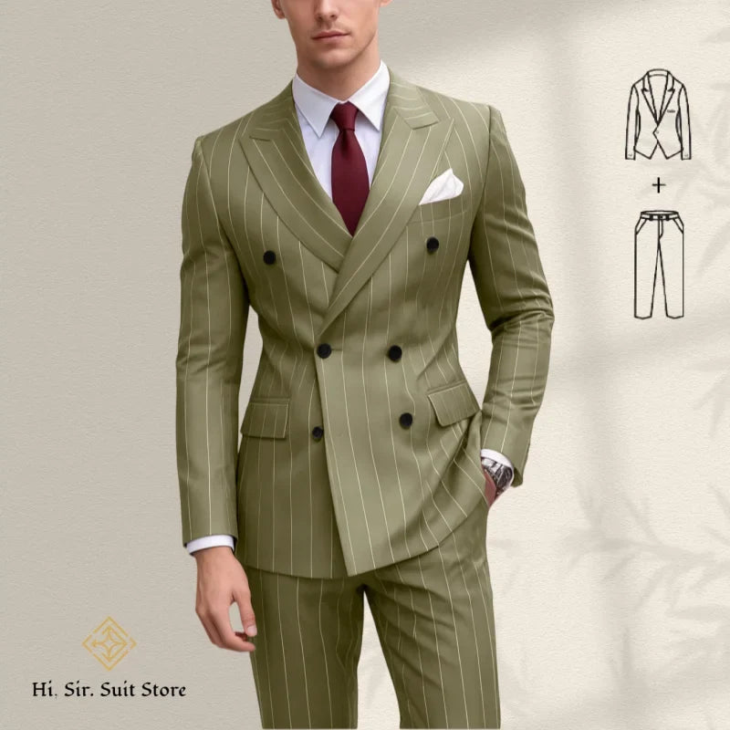 Men's 2-Piece Slim Fit Double-Breasted Striped Suit Set for Men – Wedding, Business & Formal Occasions