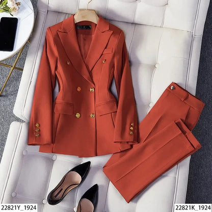 2025 Button Decoration Formal Jacket Blazer and Trouser 2 Piece Set Fashion Pink Green Black Ladies Work Wear Pant Suit Women