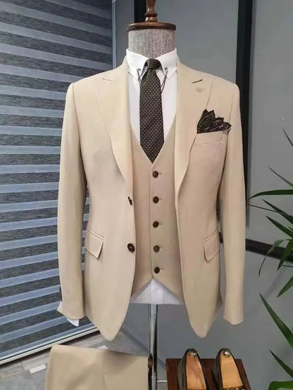Formal Khaki Men Wedding Suits Groom Tuxedos Slim Fit Business Suits Peak Lapel Jacket 3 Piece Costume Homme (Blazer+Pants+Vest)