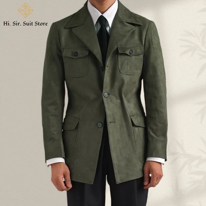 Hunting Jacket With Lapel Collar Men's Vintage-Style Faux Suede Blazer Fashionable Casual Italian Slim Fit Trendsetter Safari