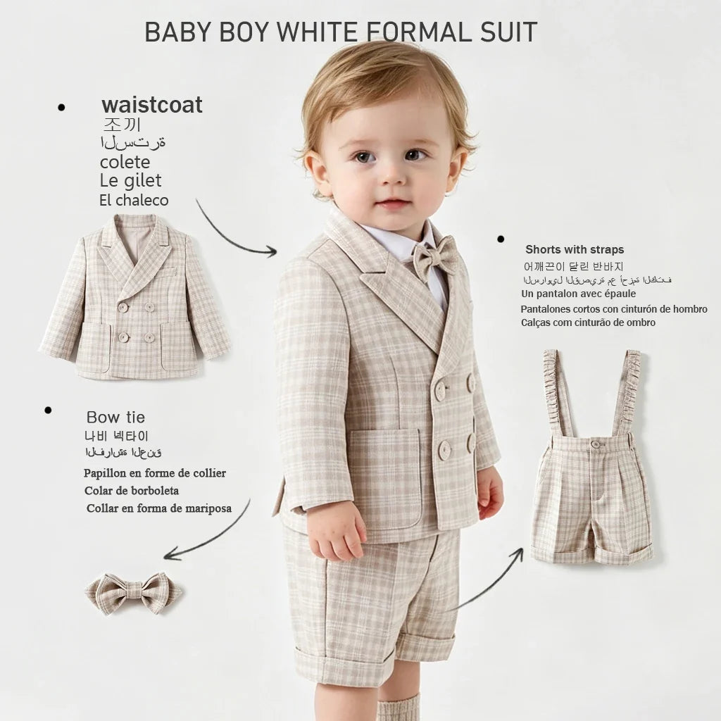 Plaid Suit Set for Boys Formal Blazer Toddler Gentleman Shorts BowTie Perfect for Wedding Birthday Baptism Party Dress Outfit