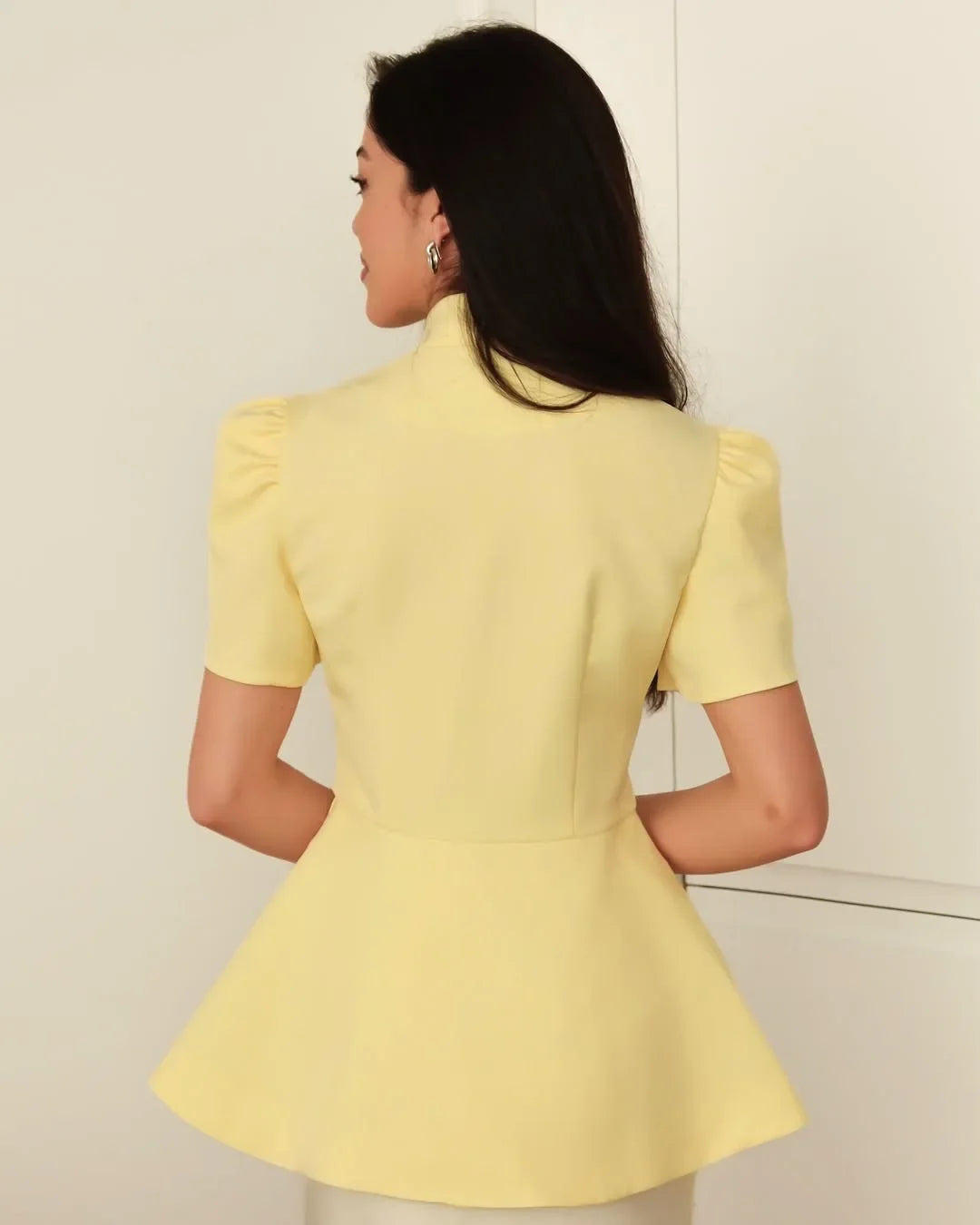 Women's 2025 Autumn New Fashion Fashion Blazer Jacket Stand Collar Button Front Solid Color Slim Fit Short Sleeve Waist Design