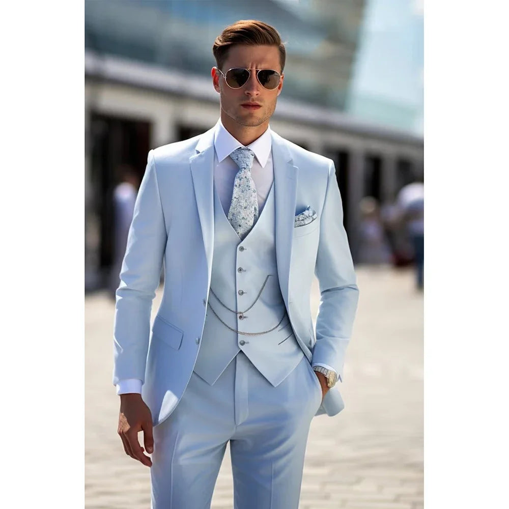 Vestido De Casamento Masculino Único Breasted Slim Fit, Terno Azul Céu, Jaqueta De Lapela, Calças, Colete, Elegante, 3 Peças