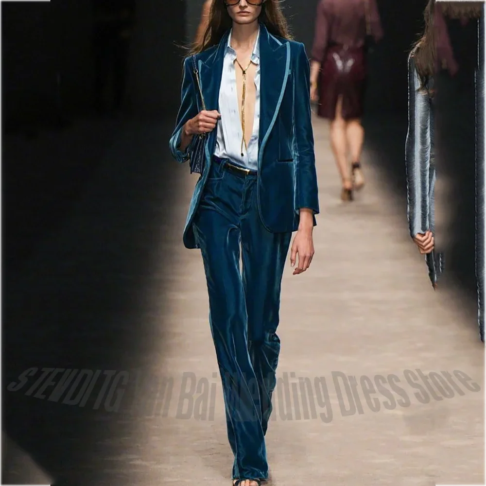 Exquisite Women Suit 2 Piece Set Office Female Business Formal Jacket Pants Peaked Lapel Luxury Velvet Elegant Lady Suit