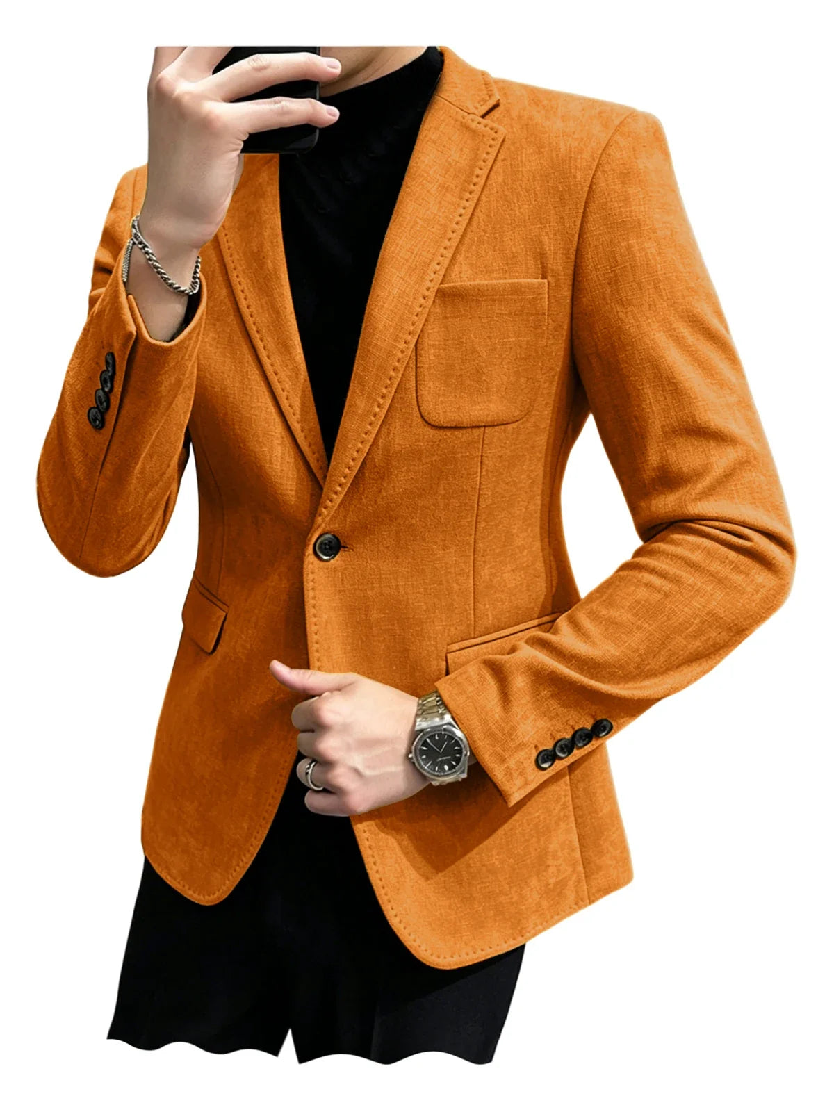 Mens Blazer Linen Blend Notched Lapel 1 Button Slim Fit Stitched Edge Patch Pockets Business Casual Daily Soft Breathable Jacket