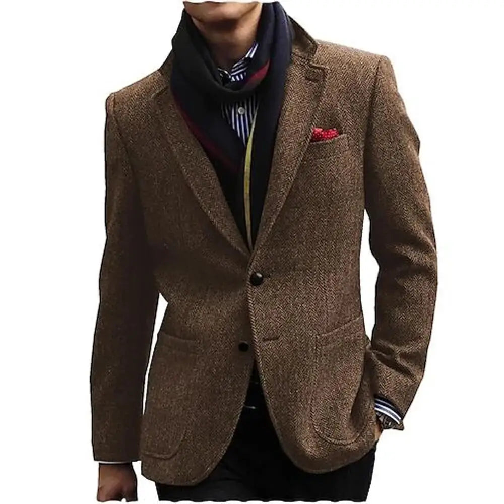 Men's Gray/Brown Herringbone Tweed Blazer Single Breasted Notch Lapel Jacket Office Tuxedo Woolen Suit Coat for Business Wedding