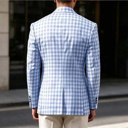 Men's Checkered Cotton Blazer Notched Lapel Single-Breasted Casual Business Summer Sport Coat with Patch Pockets