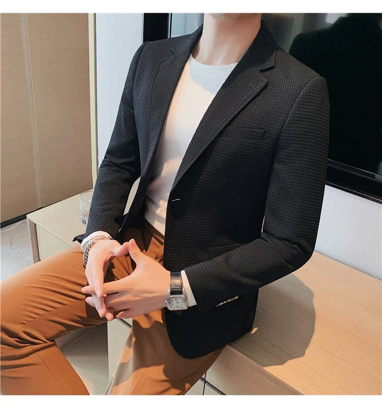 2025 Spring New Waffle Suit Coats Men Slim Fit Business Casual Blazer Jacket Homme Formal Groom Prom Wedding Tuxedo 4XL-M