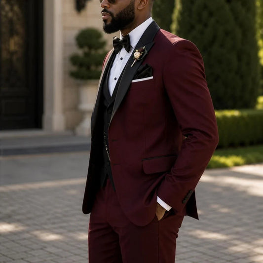 Men Suit Burgundy 3 Pieces Single Breasted Black Lapel For Wedding Birthday Banquet Party Business Work Office Jacket Vest Pants