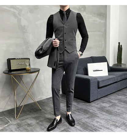 Men's Slim Fit 3-Piece Suit – Solid Color, Smart Casual & Wedding
