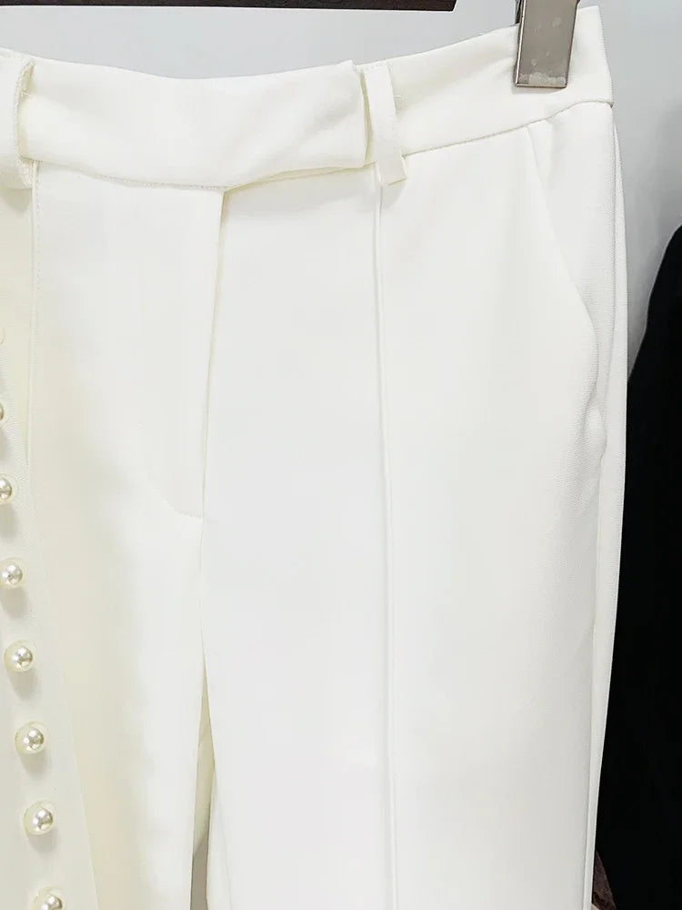 Fashion White Women Pants Sets Elegant Pearls Single Button Peak Lapel 2 Piece Chic Party Formal Solid Suits (Blazer+Pants)