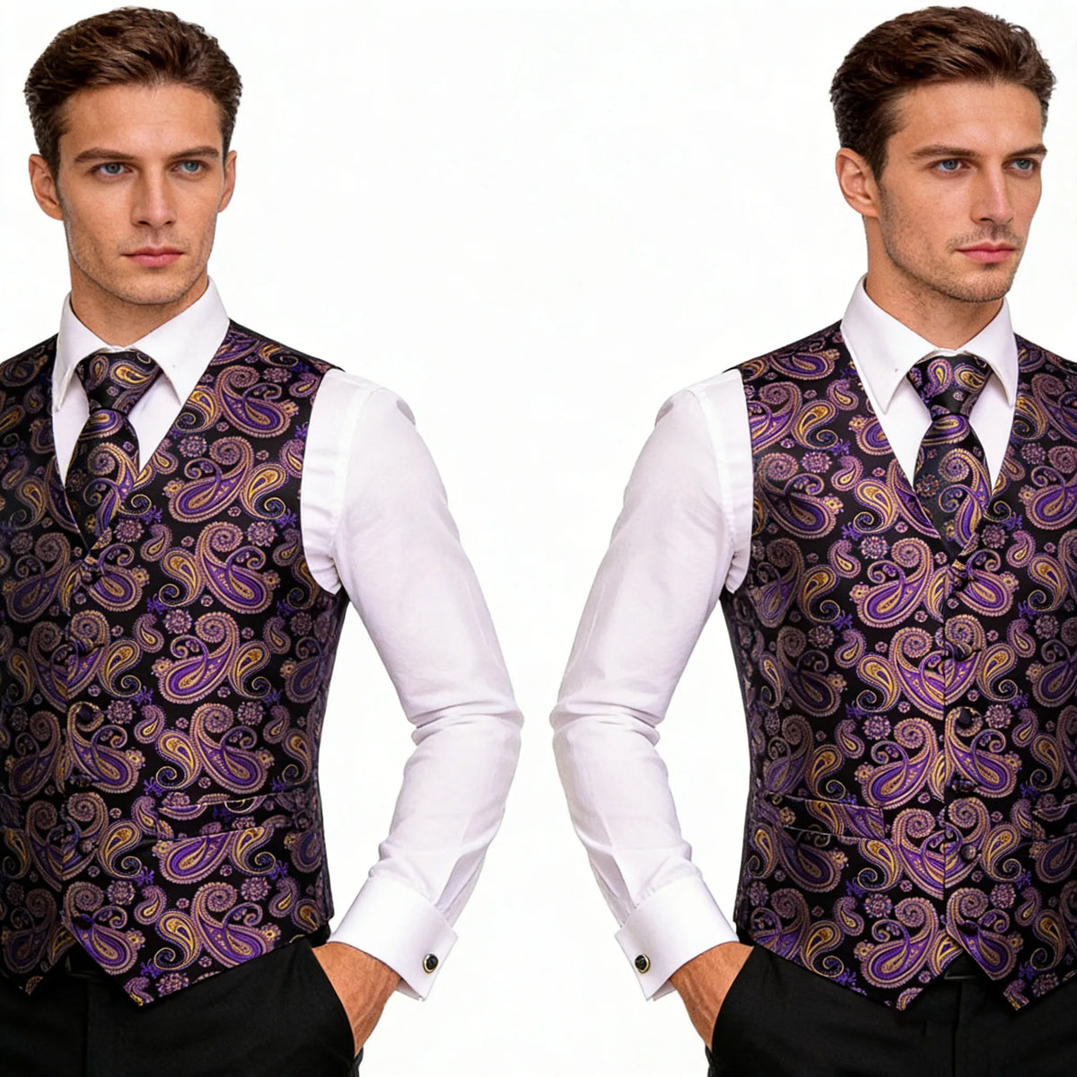 Men's Jacquard Floral Waistcoat Set with Tie, Pocket Square & Cufflinks – Purple Paisley, Wedding & Business