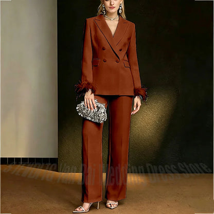 Luxury White Feather Women's Suit Elegant Classic Double Breasted Jacket Pants Formal Evening Party Wedding Guest Outfit