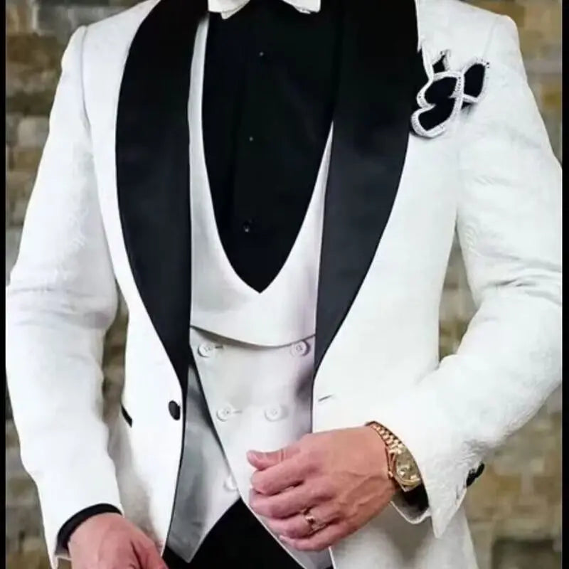 Fashion Jacquard Men Suits Shawl Lapel Business Wedding Tuxedos Slim Fit Blazer Vest Pants for Prom Party 3 Pieces Costume Homme