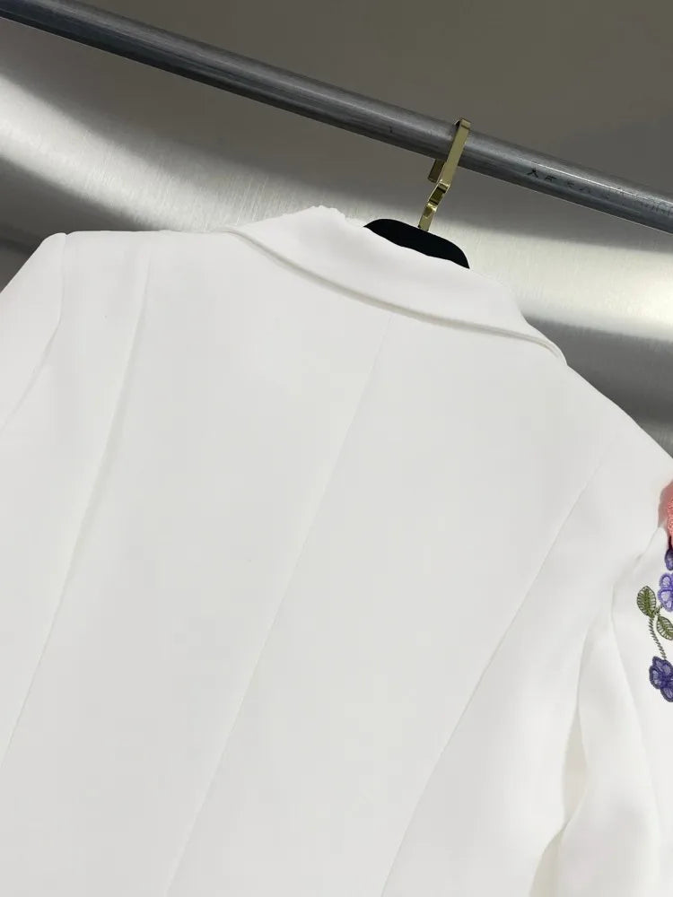 Elegant Women New Autumn Embroidery Floral Blazer Jacket Loose Fit Single Button Work Suit Coat Outwear Fashion Office Ladies