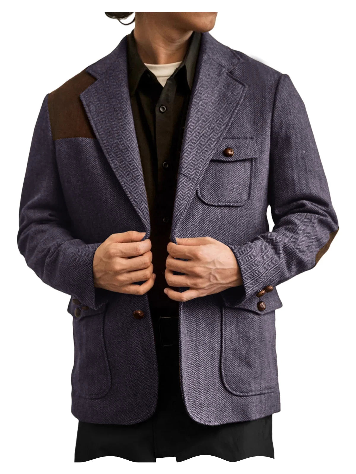 Men's Herringbone Tweed Blazer Shoulder Patchwork Suede Notch Lapel Suit Jacket Classic Fit Casual Business Vintage Sport Coat