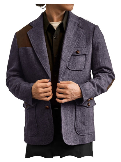 Men's Herringbone Tweed Blazer Shoulder Patchwork Suede Notch Lapel Suit Jacket Classic Fit Casual Business Vintage Sport Coat