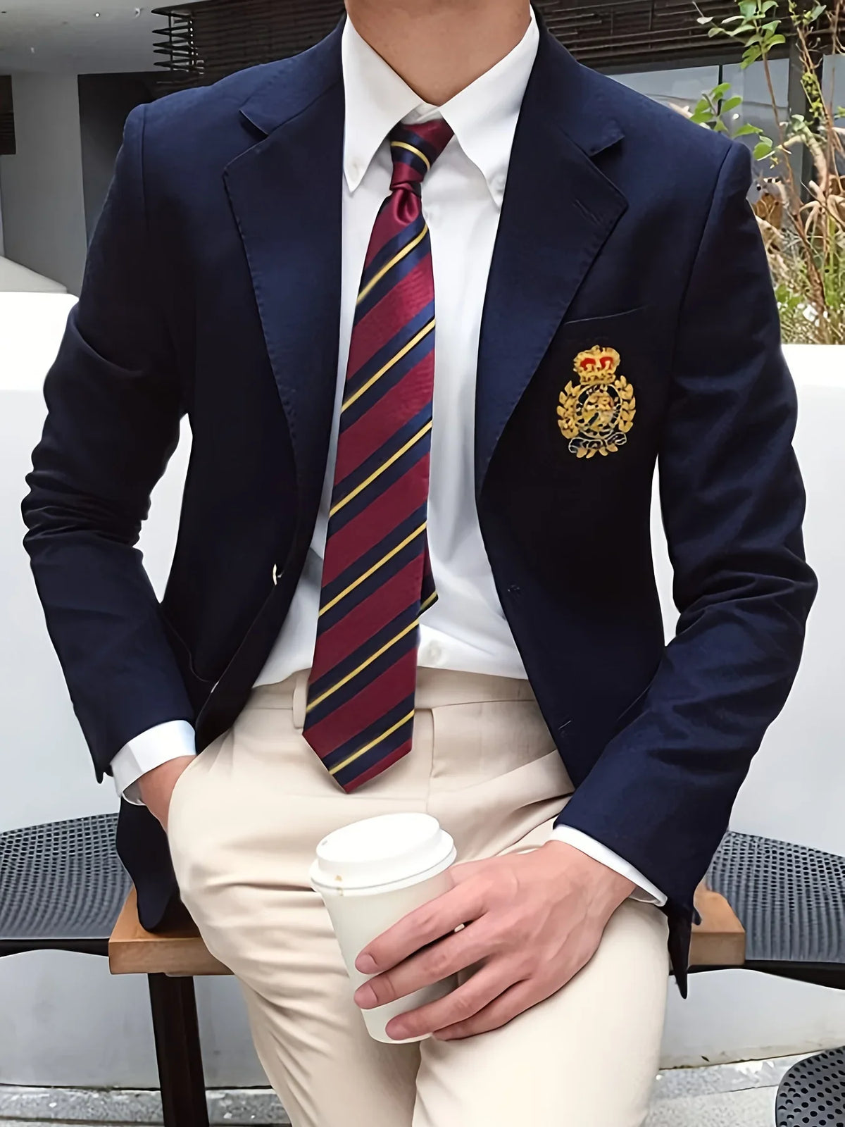 Men’s elegant navy blue double-breasted notched lapel blazer
