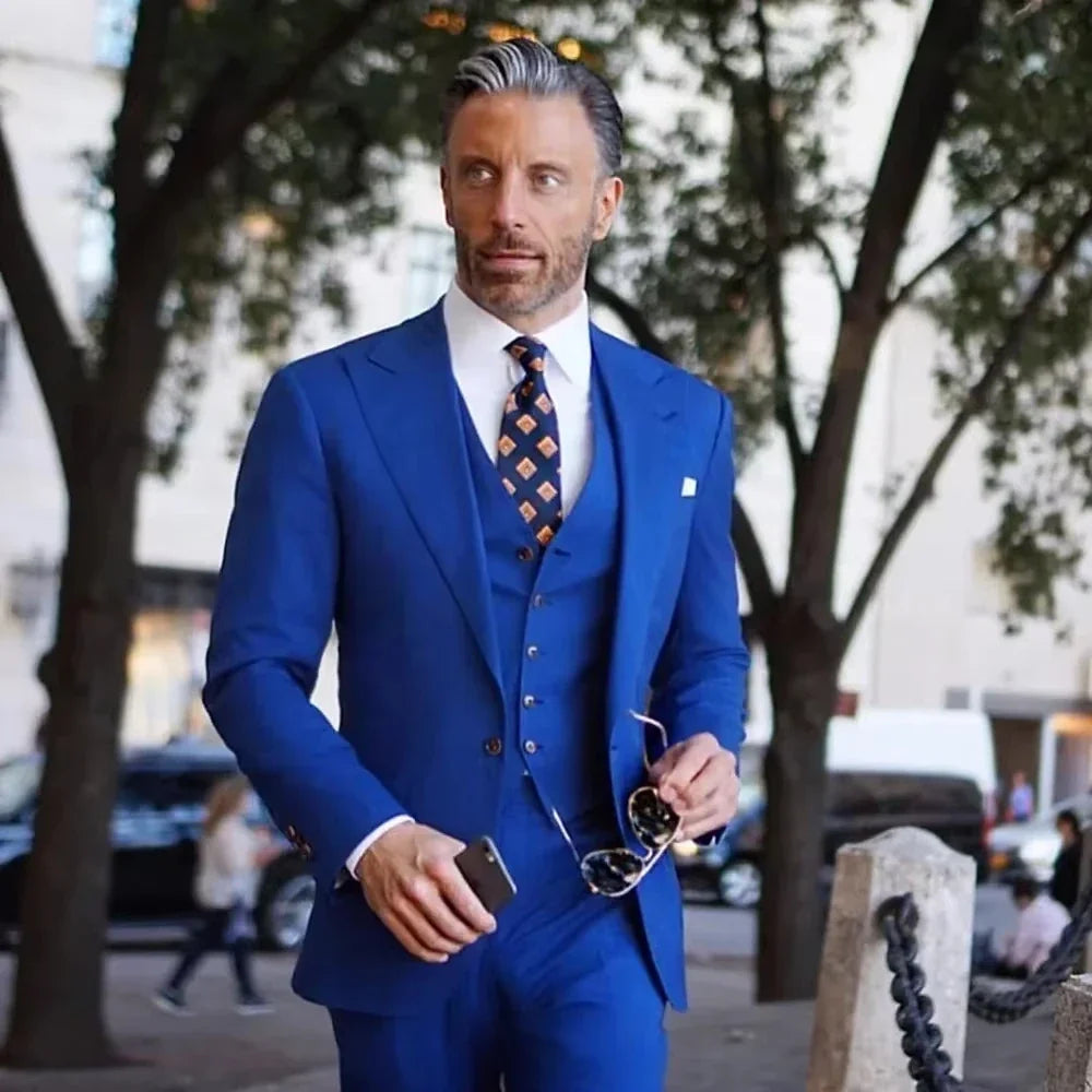 Royal blue Suits for Men Single Breated Lapel Elegant Business Outfits Design 3 Piece Jacket Pant Vest Skinny Male ClothingRoyal