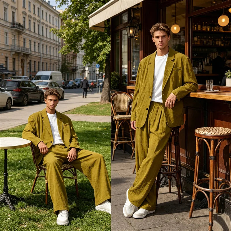 Men's Linen Blend Wrinkled Two Piece Suit Loose Two Button Blazer Wide Leg Trousers Casual Vacation Daily Soft Breathable Outfit