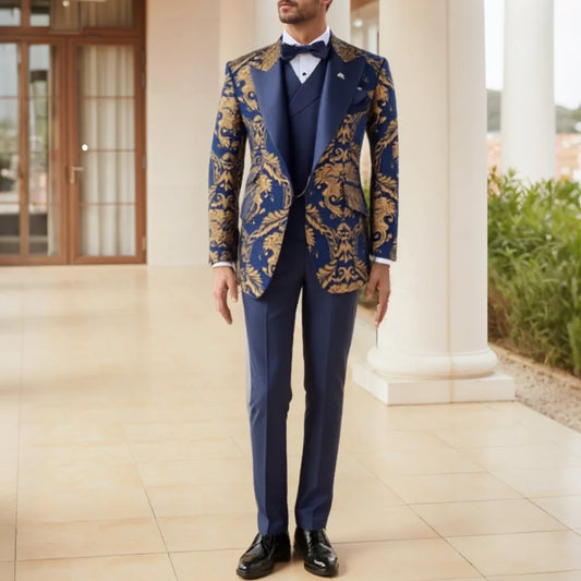 Men Suit Navy Blue 3 Piece Gold Pattern Embroidery With Lapel For Wedding Groom Banquet Buainess Work Jacket Vest With Pants