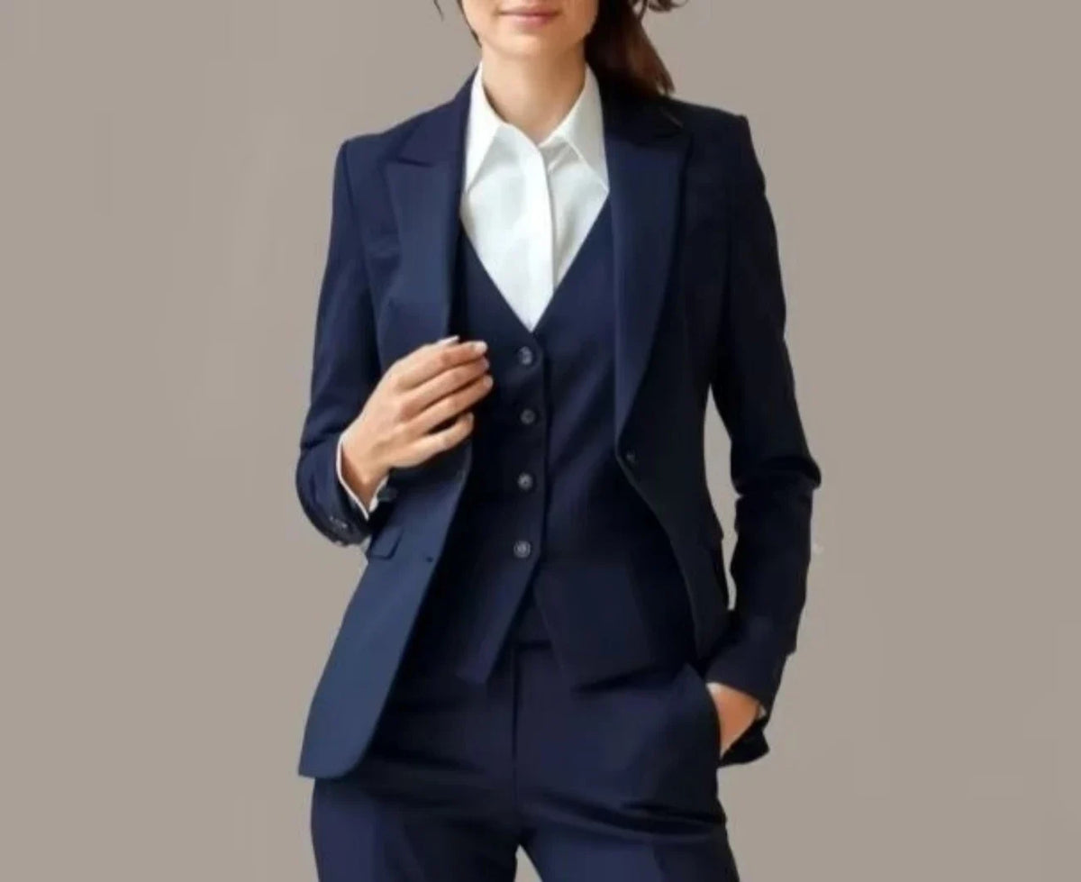 Women's Navy Blue 3 Pcs Suit Tailored Pant Suit Set Custom Formal Female Outfit  Dress Business Office Suit (Jacket+Vest+Pants)