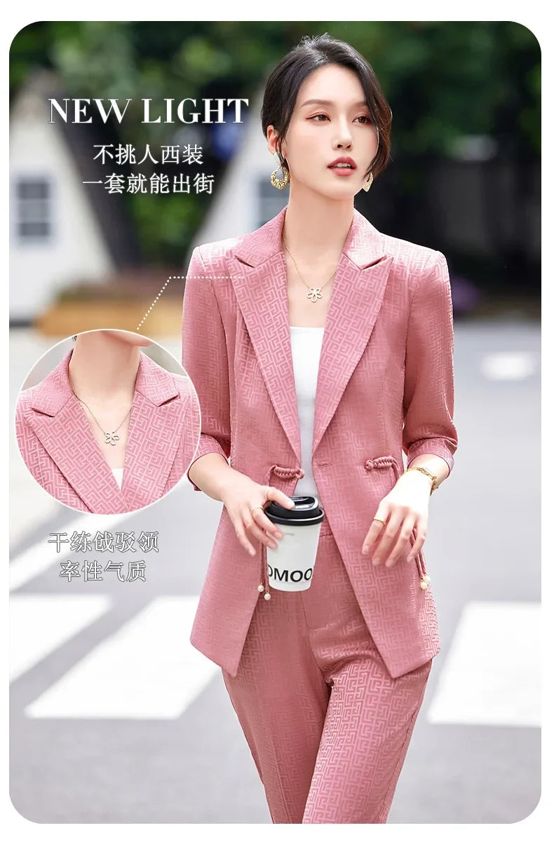 Chinese style Spring Summer Women Elegant Office Work Three Quarter Blazer Tops And Flare Pant Fashion Oversize Two Piece Suits